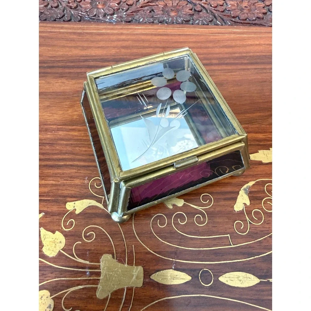 Vintage Brass & Purple‎ Glass Jewelry Box 3